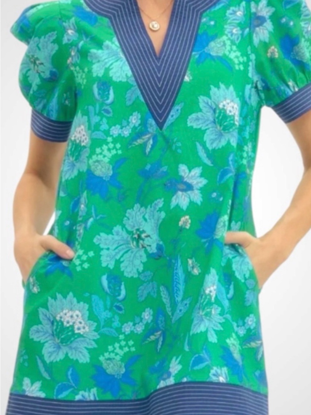 Entro Floral Print Band Contrast Mini Dress in Green/Navy Size L